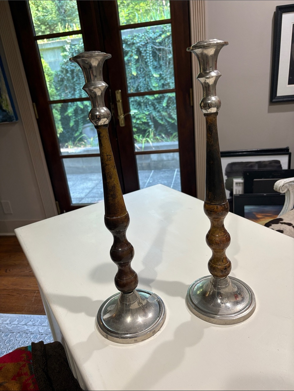 Classic Wood and Silver Candlestick Pair - Brown
